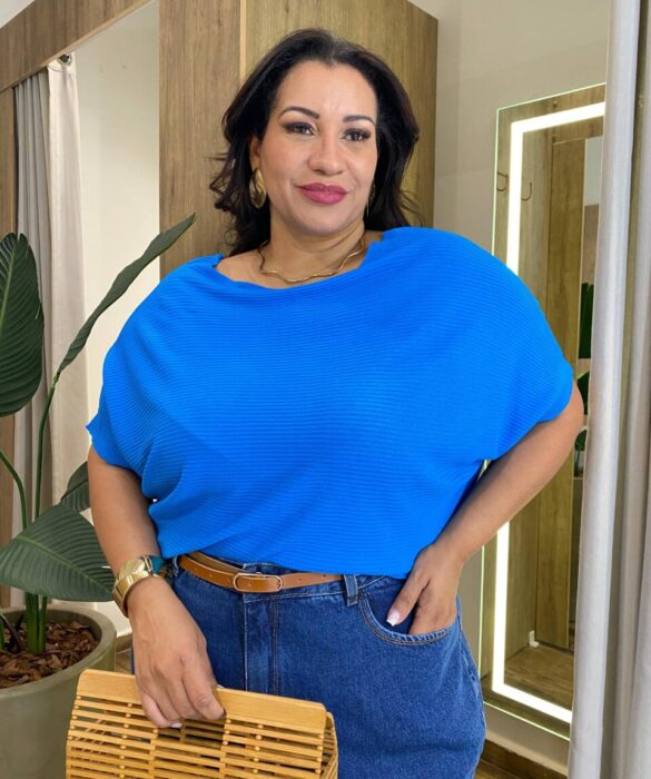 Blusa Feminina Manga Curta Modal Estela Plus Canelada Azul - Fernanda Ramos Store
