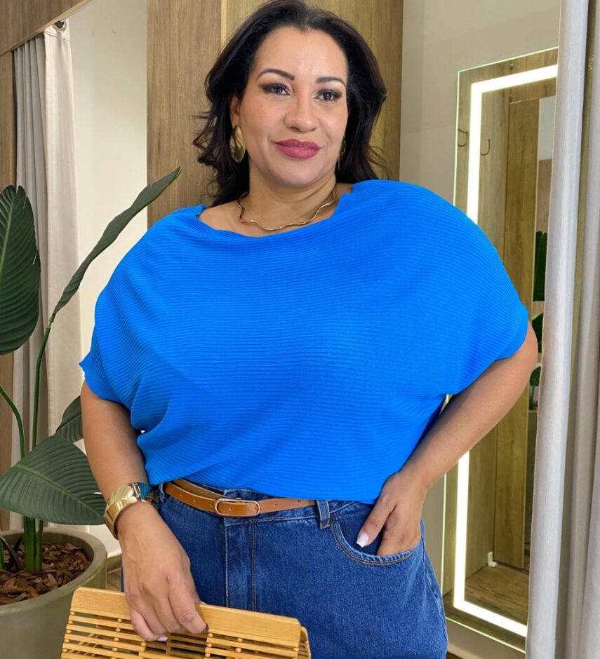 Blusa Feminina Manga Curta Modal Estela Plus Canelada Azul - Fernanda Ramos Store