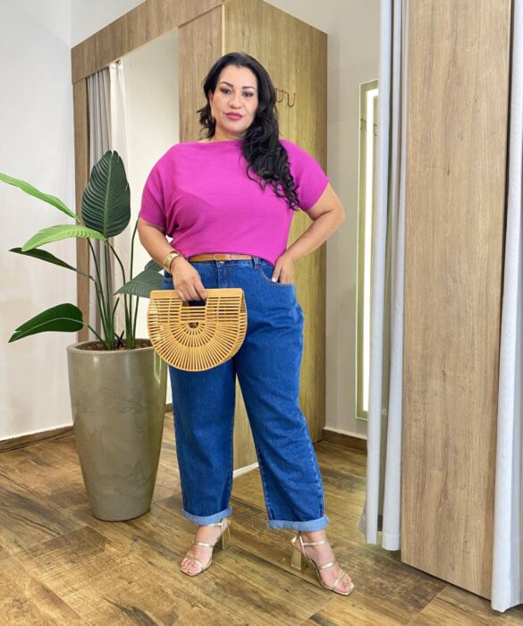 Blusa Feminina Manga Curta Modal Estela Plus Canelada Fúcsia - Fernanda Ramos Store