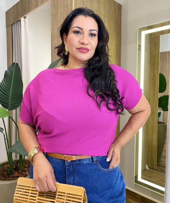 Blusa Feminina Manga Curta Modal Estela Plus Canelada Fúcsia - Fernanda Ramos Store