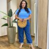 Blusa Feminina Manga Curta Plus Canelada Azul Claro - Fernanda Ramos Store