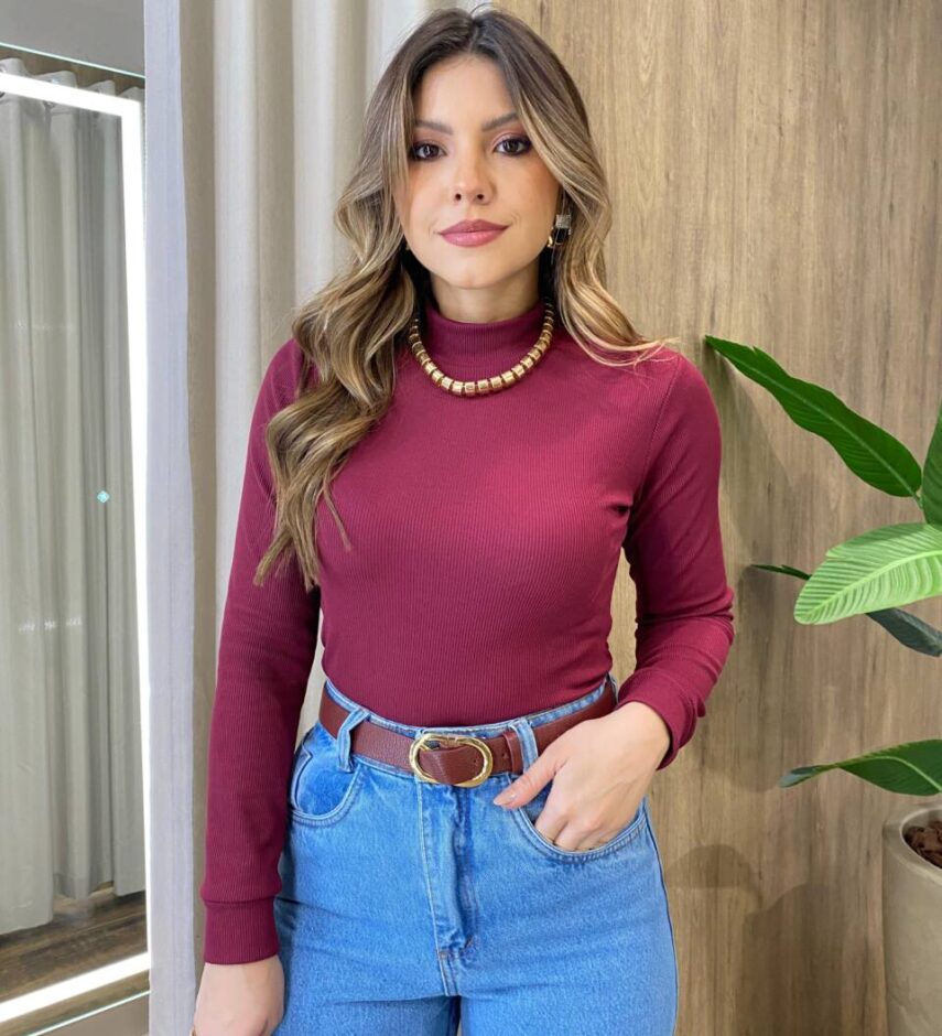 Blusa Feminina Manga Longa Canelada e Flanelada Vinho - Fernanda Ramos Store