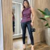Blusa Feminina Nula Manga sem Bojo Assimétrica Couro Eco Bordo - Fernanda Ramos Store