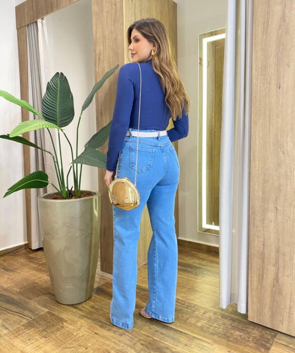 Body Feminino Amélia sem Bojo Manga Longa Gola Alta Azul - Fernanda Ramos Store