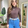 Body Feminino Amélia sem Bojo Manga Longa Gola Alta Marrom - Fernanda Ramos Store