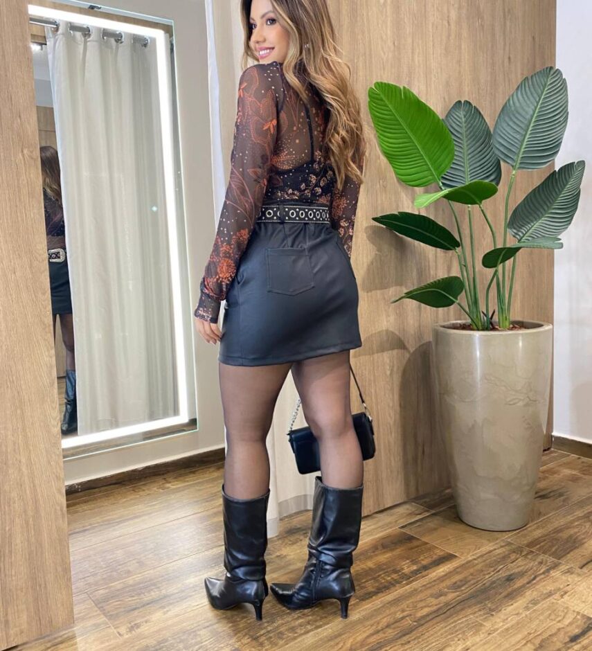 Body Feminino Bruna sem Bojo Manga Longa Tule Estampado Preto - Fernanda Ramos Store