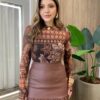 Body Feminino Bruna sem Bojo Manga Longa Tule Estampado Marrom - Fernanda Ramos Store