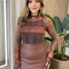 Body Feminino Bruna sem Bojo Manga Longa Tule Estampado Verde - Fernanda Ramos Store