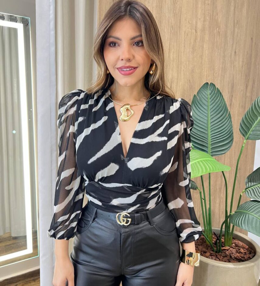 Body Feminino Cléo sem Bojo Manga Bufante em Tule Animal Print - Fernanda Ramos Store