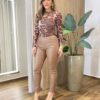 Body Feminino de Tule com Transparência Animal Print Bege - Fernanda Ramos Store