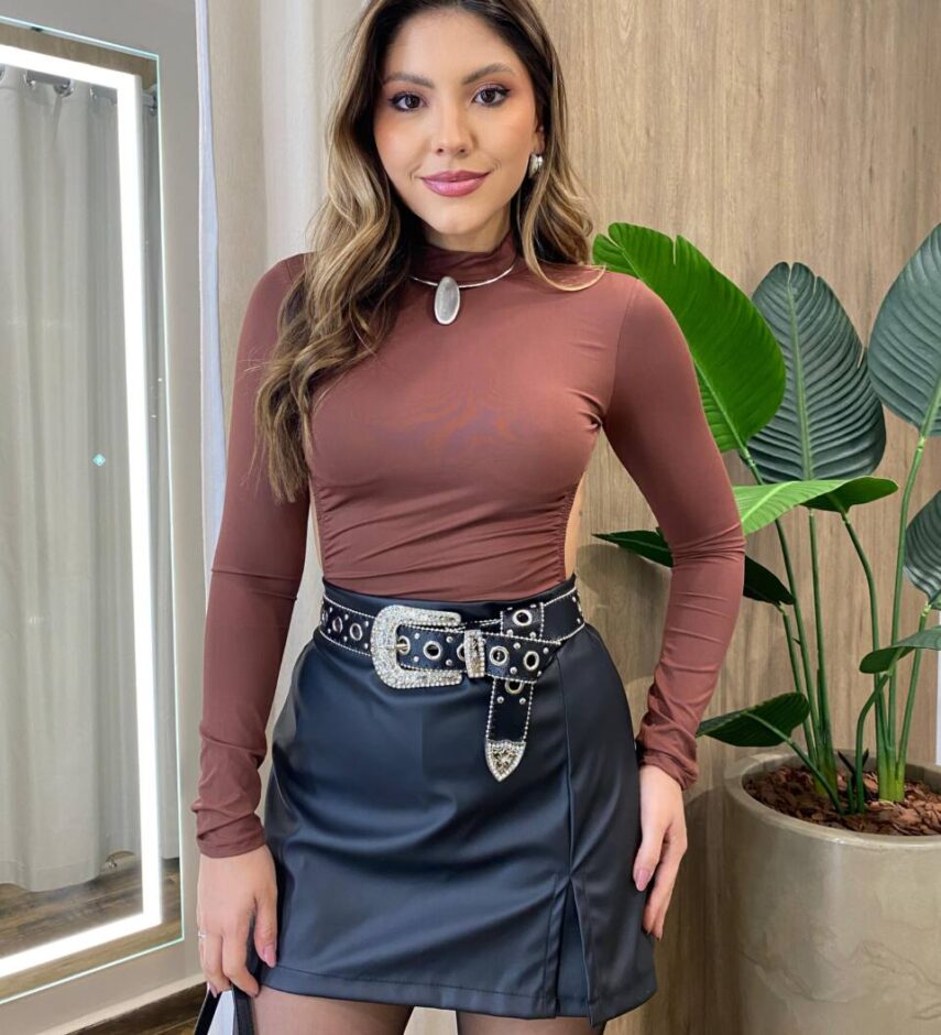 Body Feminino Laura sem Bojo Manga Longa Costa Nua Marrom - Fernanda Ramos Store