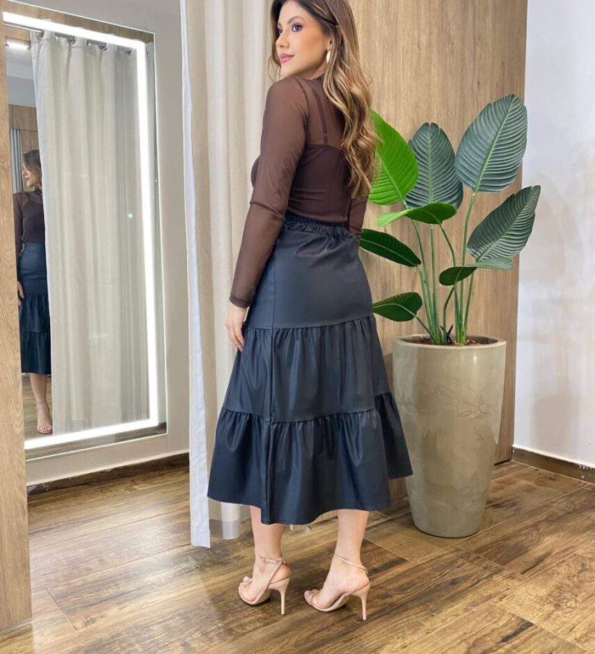 Body Feminino sem Bojo Gola Alta e Manga Longa de Tule Marrom - Fernanda Ramos Store