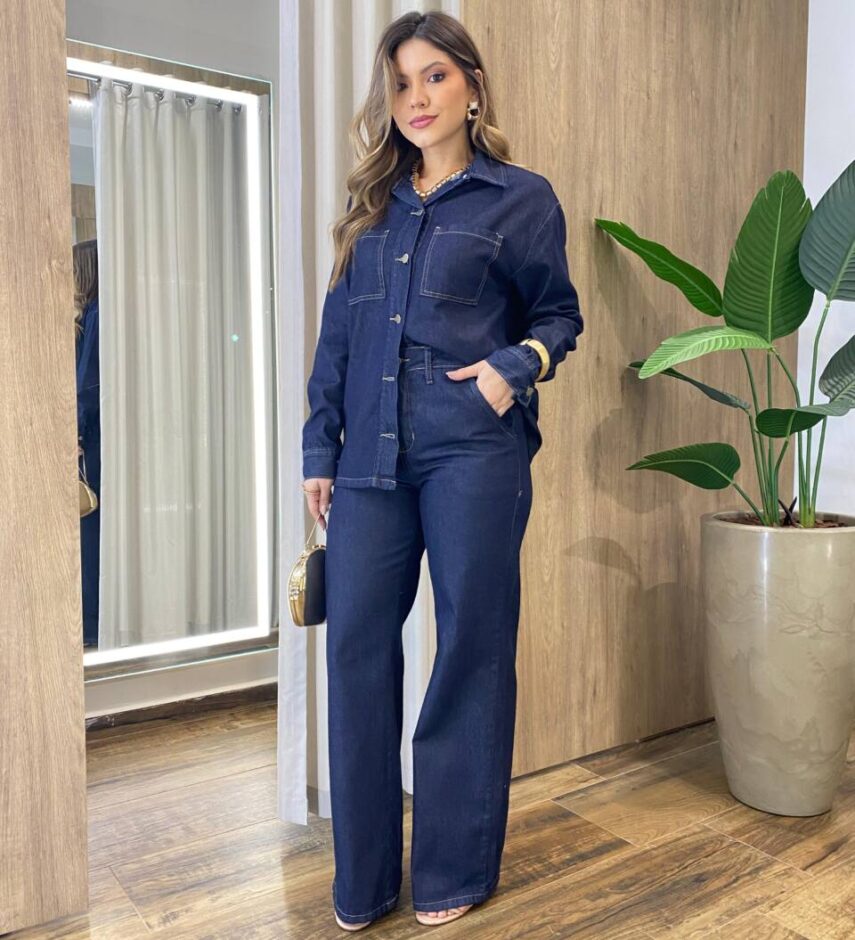 Calça Feminina Boss Wide Leg Pantalona Jeans Escuro 29484 - Fernanda Ramos Store