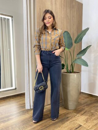Camisa Feminina Julia Manga Longa Xadrez Caqui 83213 - Fernanda Ramos Store