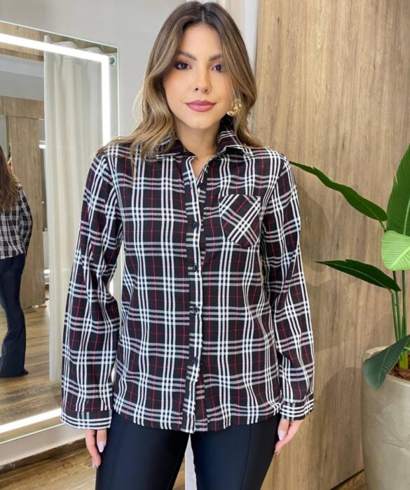 Camisa Feminina Julia Manga Longa Xadrez Preta 83212 - Fernanda Ramos Store