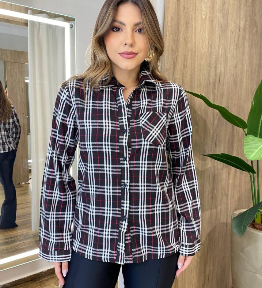 Camisa Feminina Julia Manga Longa Xadrez Preta 83212 - Fernanda Ramos Store