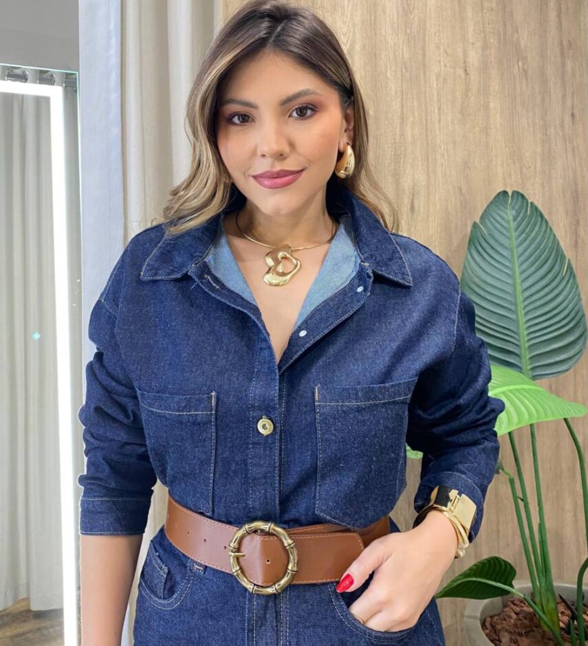 Camisa Feminina Manga Longa Susan Jeans Escura com Bolsos - Fernanda Ramos Store