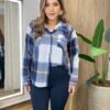 Camisa Feminina Manga Longa Xadrez com Bolso Azul 6666 - Fernanda Ramos Store