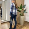 Camisa Feminina Manga Longa Xadrez com Bolso Azul 6666 - Fernanda Ramos Store