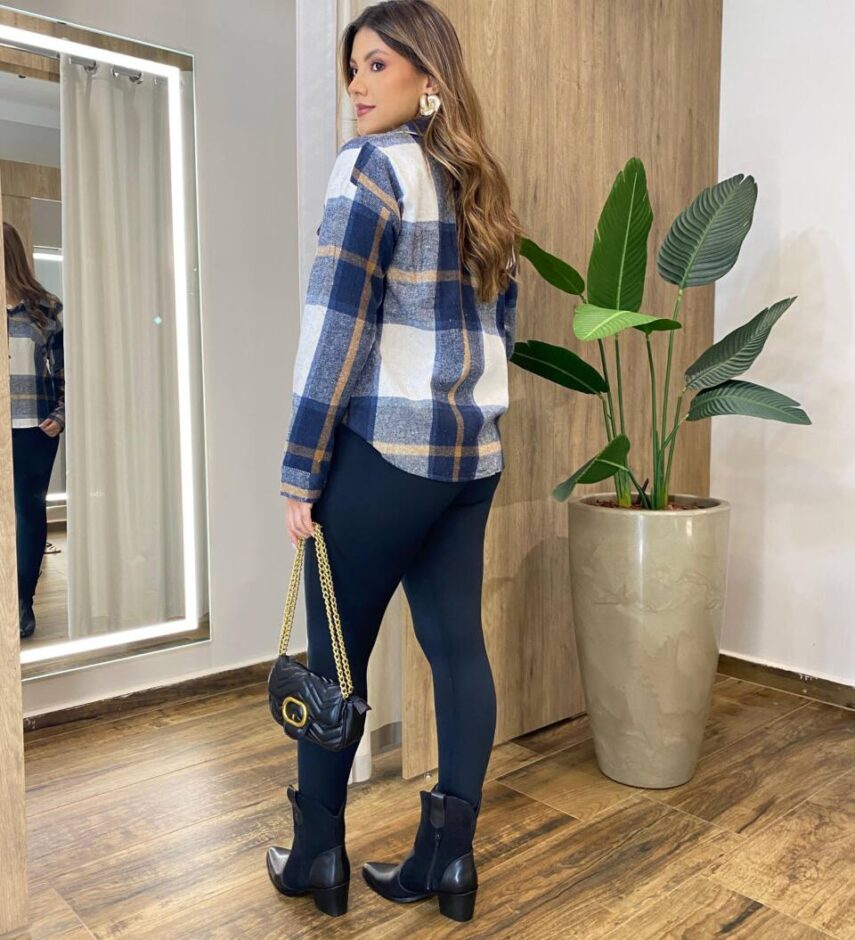 Camisa Feminina Manga Longa Xadrez com Bolso Azul 6666 - Fernanda Ramos Store