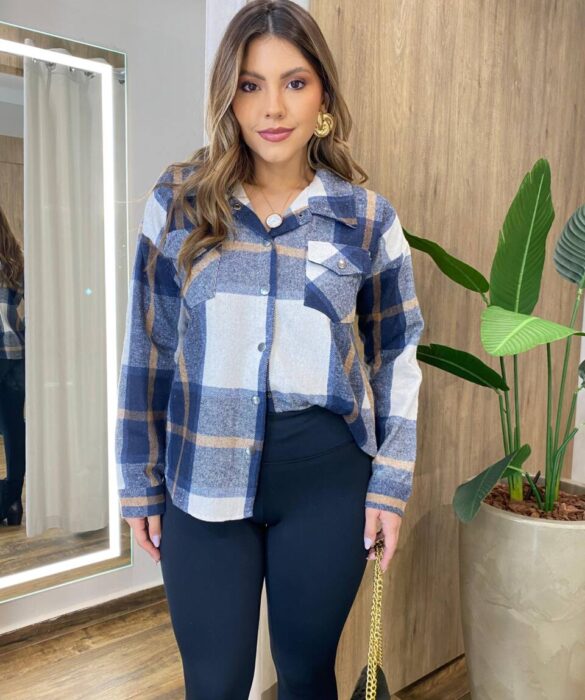 Camisa Feminina Manga Longa Xadrez com Bolso Azul 6666 - Fernanda Ramos Store