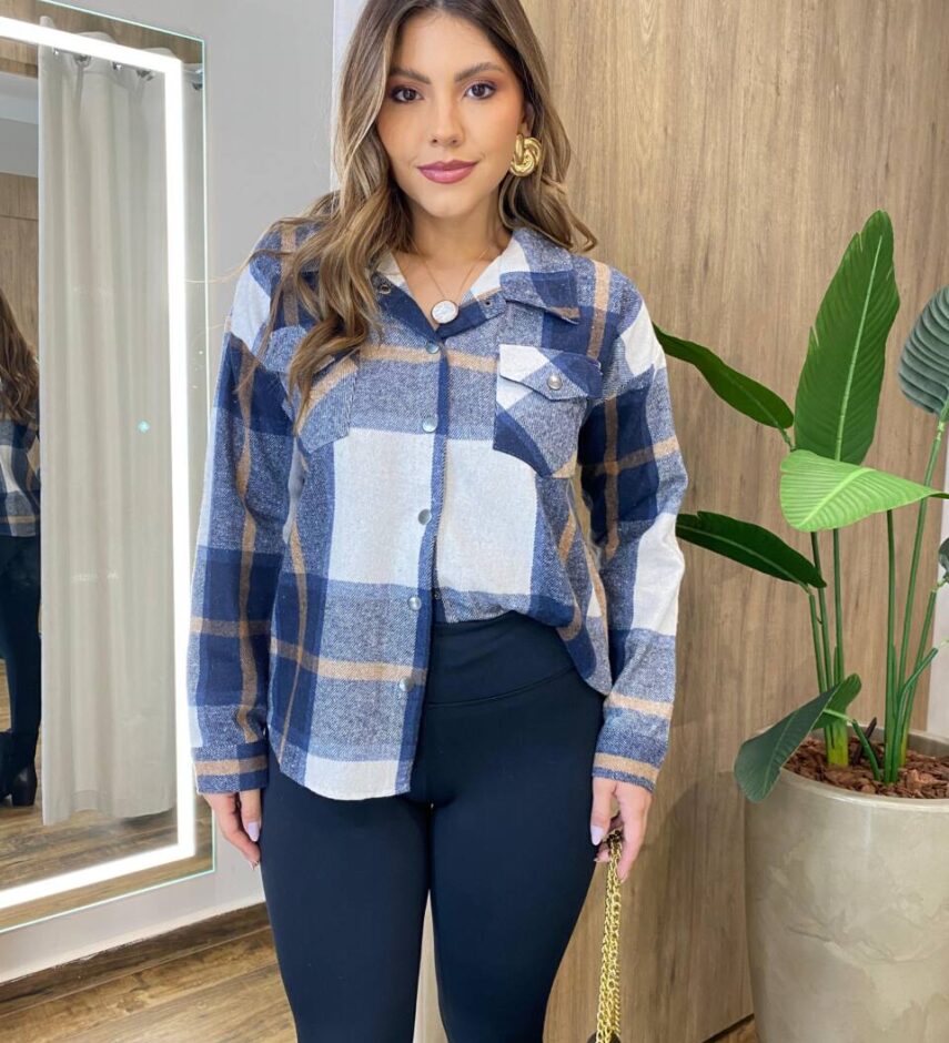 Camisa Feminina Manga Longa Xadrez com Bolso Azul 6666 - Fernanda Ramos Store