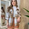 Camisa Feminina Manga Longa Xadrez com Bolso Bege 6666 - Fernanda Ramos Store