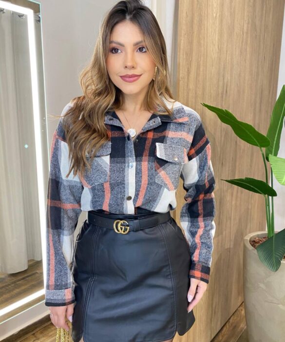 Camisa Feminina Manga Longa Xadrez com Bolso Preta 6666 - Fernanda Ramos Store