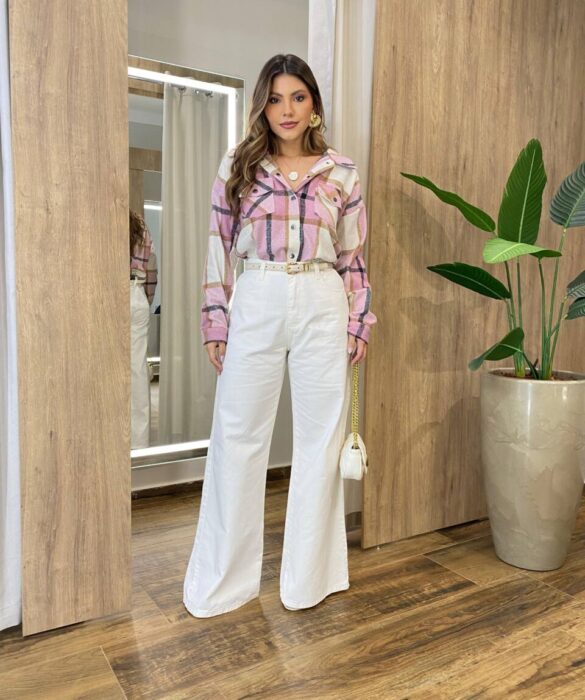 Camisa Feminina Manga Longa Xadrez com Bolso Rosa 6666 - Fernanda Ramos Store
