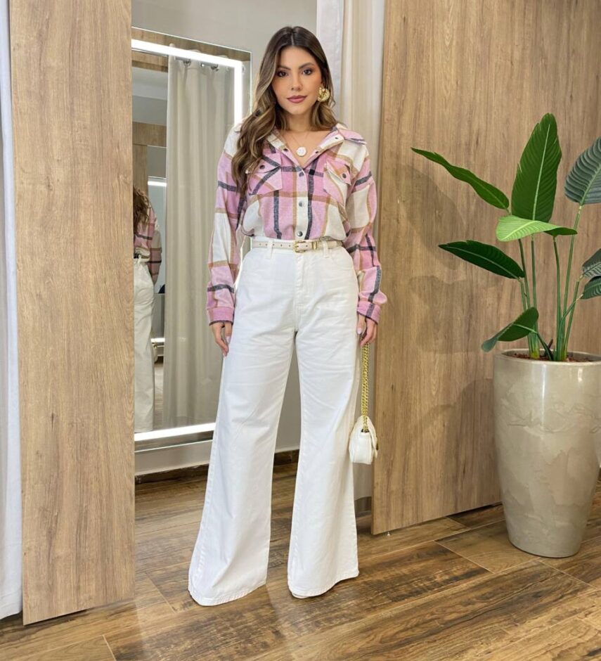 Camisa Feminina Manga Longa Xadrez com Bolso Rosa 6666 - Fernanda Ramos Store
