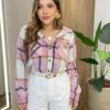 Camisa Feminina Manga Longa Xadrez com Bolso Rosa 6666 - Fernanda Ramos Store