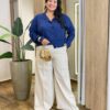 Camisa Feminina Social Plus Manga Longa com Botões Azul Marinho - Fernanda Ramos Store