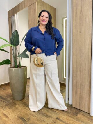 Camisa Feminina Social Plus Manga Longa com Botões Azul Marinho - Fernanda Ramos Store