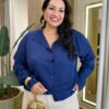Camisa Feminina Social Plus Manga Longa com Botões Azul Marinho - Fernanda Ramos Store