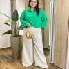 Camisa Feminina Social Plus Manga Longa Detalhe em Corações Verde - Fernanda Ramos Store