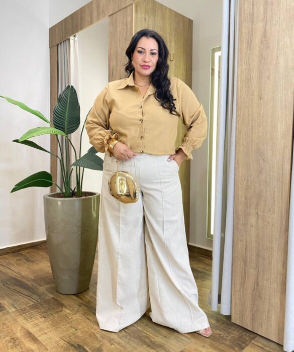 Camisa Feminina Social Plus Manga Longa Linho com Lastex Bege - Fernanda Ramos Store