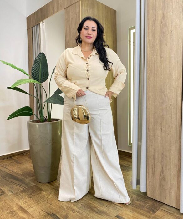 Camisa Feminina Social Plus Manga Longa Viscose Bege - Fernanda Ramos Store