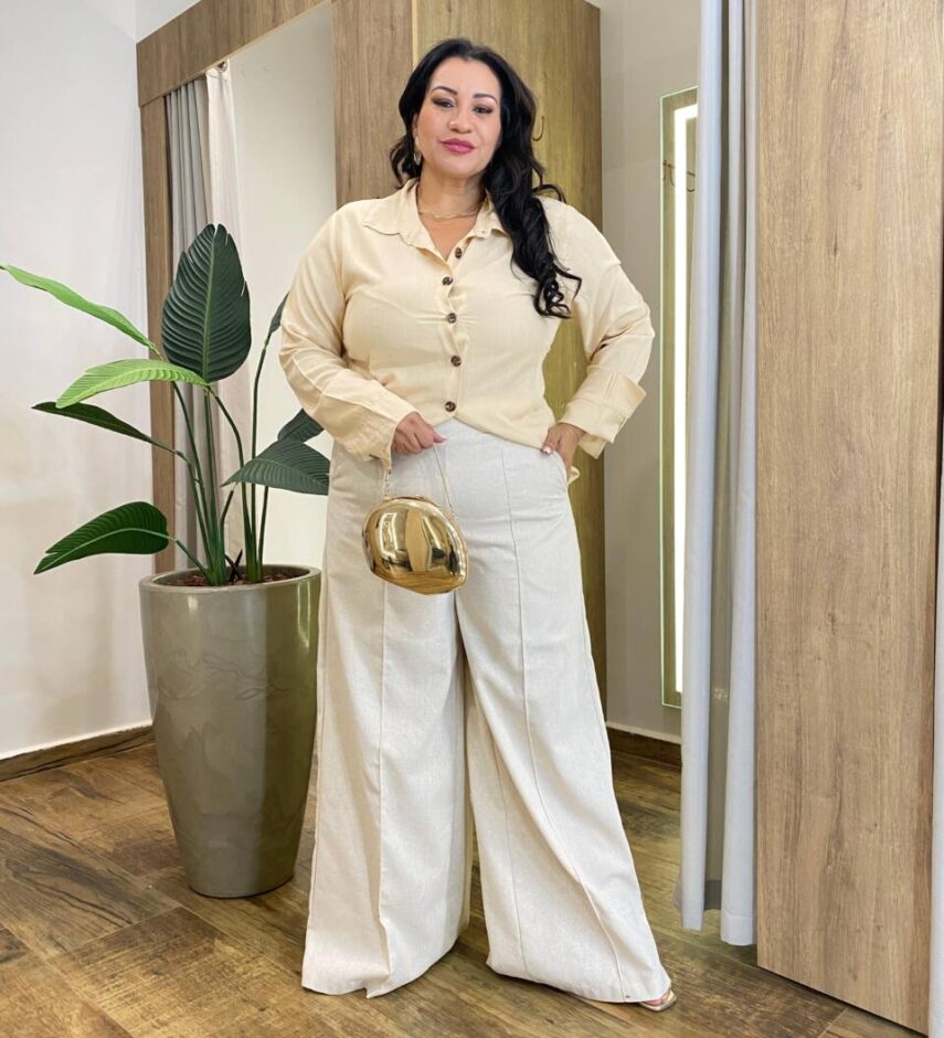 Camisa Feminina Social Plus Manga Longa Viscose Bege - Fernanda Ramos Store