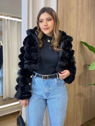 Casaco Feminino Barbara com Pelinhos Preto - Fernanda Ramos Store