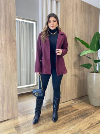 Casaco Feminino Thais Manga Longa com Bolsos Lã Batida Marsala - Fernanda Ramos Store