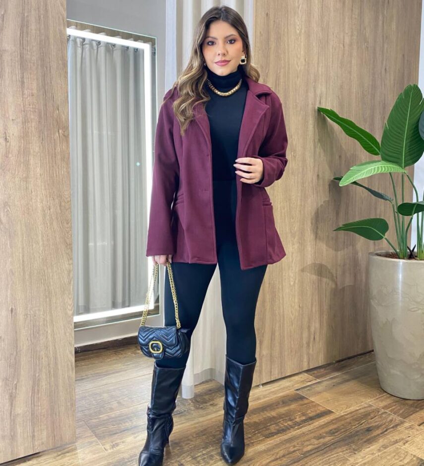 Casaco Feminino Thais Manga Longa com Bolsos Lã Batida Marsala - Fernanda Ramos Store