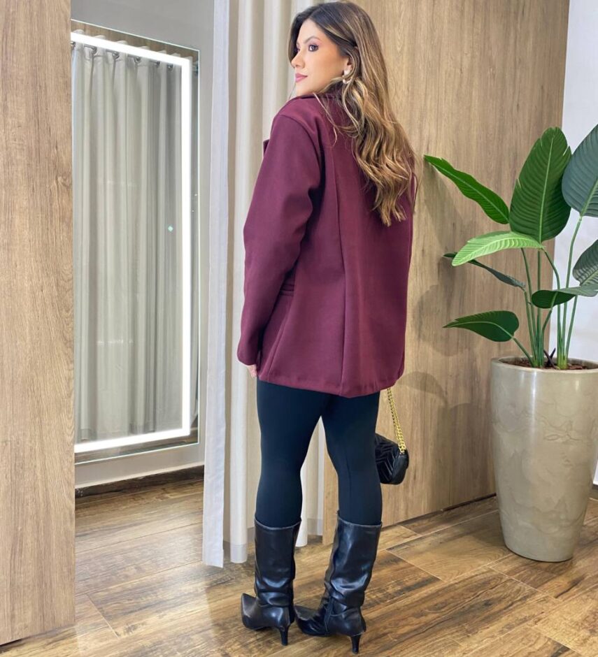 Casaco Feminino Thais Manga Longa com Bolsos Lã Batida Marsala - Fernanda Ramos Store