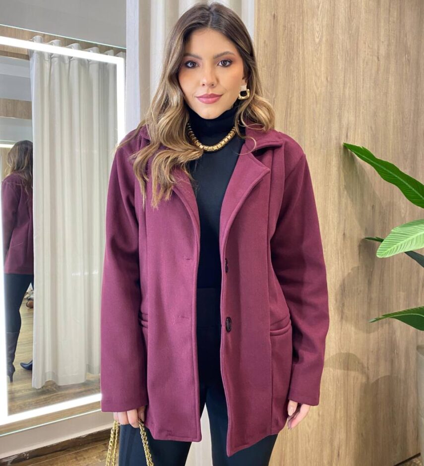 Casaco Feminino Thais Manga Longa com Bolsos Lã Batida Marsala - Fernanda Ramos Store