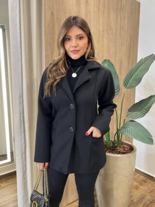 Casaco Feminino Thais Manga Longa com Bolsos Lã Batida Preto - Fernanda Ramos Store