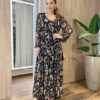 Chemise Feminino Tule Longo Manga Longa Preto Flores Douradas - Fernanda Ramos Store