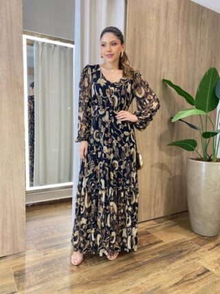 Chemise Feminino Tule Longo Manga Longa Preto Flores Douradas - Fernanda Ramos Store