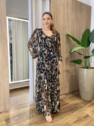 Chemise Feminino Tule Longo Manga Longa Preto Flores Douradas - Fernanda Ramos Store