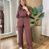 Conjunto Feminino Auria Parka Manga Longa Detalhes e Calça Marrom - Fernanda Ramos Store