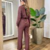 Conjunto Feminino Auria Parka Manga Longa Detalhes e Calça Marrom - Fernanda Ramos Store