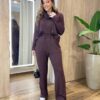 Conjunto Feminino Canelado Blusa Manga Longa e Calça Amarração Marrom - Fernanda Ramos Store